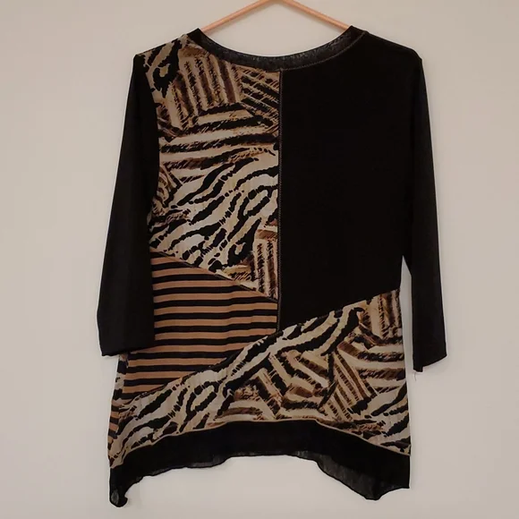 JM Collection Animal print multi-textured collage top 3/4 sleeves petite medium - Picture 5 of 7